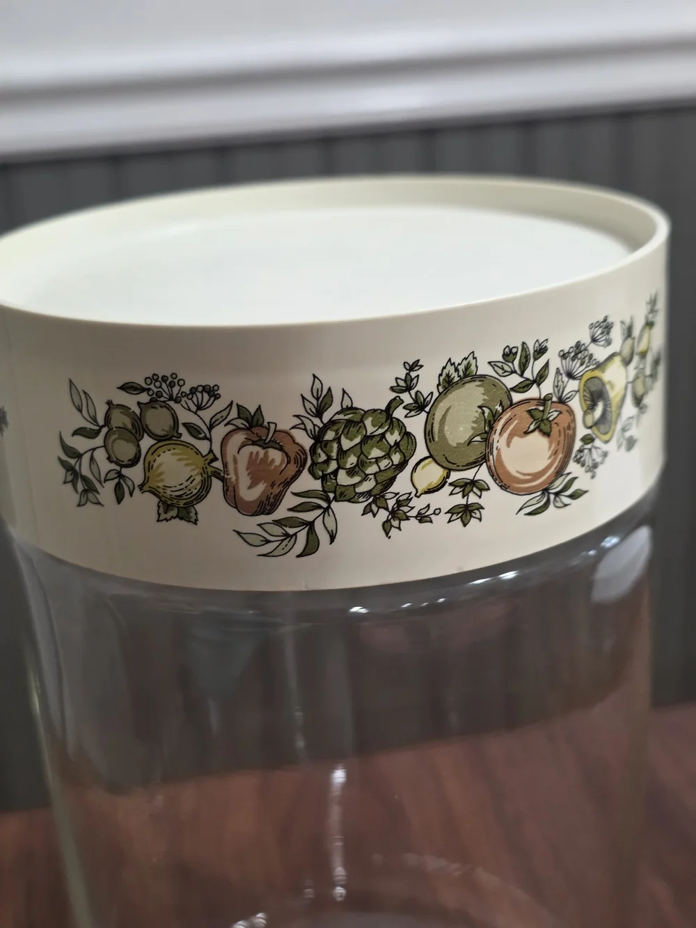 Pyrex Cream-Lid Glass Canister with Fruit Motif Vintage 70s Harvest
